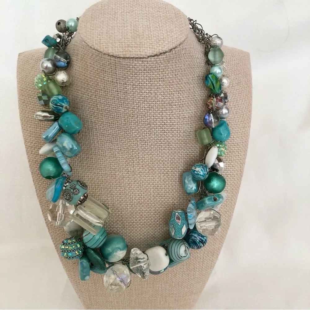 Beachy blue Statement Bead Necklace turquoise beach coastal handmade